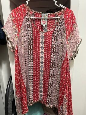 Johnny Was Red Multi-Print Short Sleeve Boho Tunic